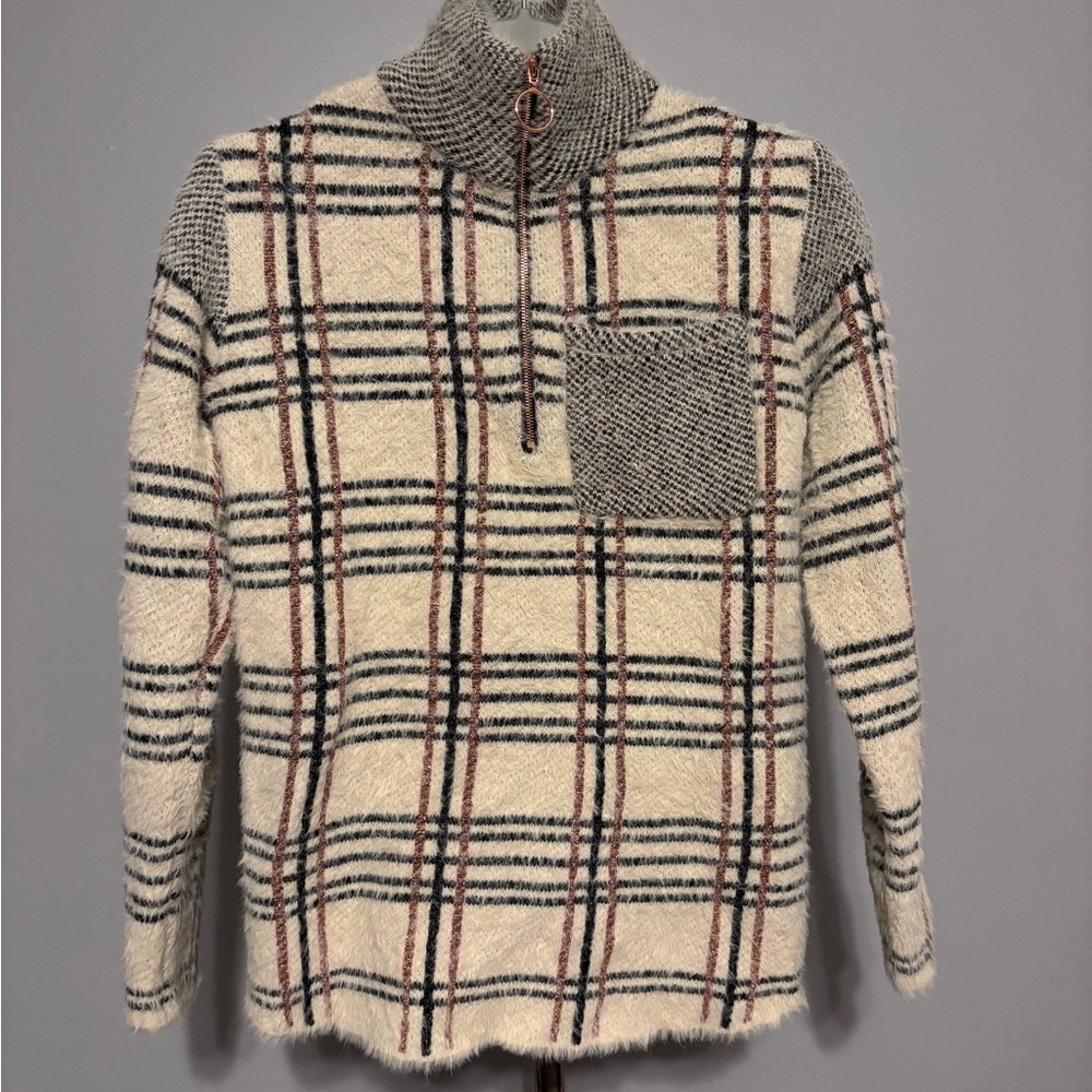 Entro Blanket Plaid Ivory  multicolor Soft pullover sweatshirt Sweater 1/4 zip S